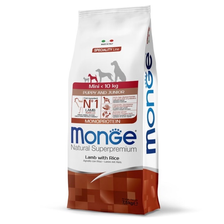 MONGE DOG PUPPY JUNIOR MINI LAMB RICE sausā barība kucēniem Jērs, rīsi 7.5kg